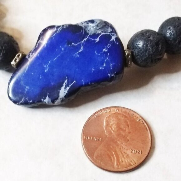 Blue Sea Sediment Jasper + Lava Beads Bracelet - Large Men's Bracelet 8.5" Wrist - Picture 5 of 11